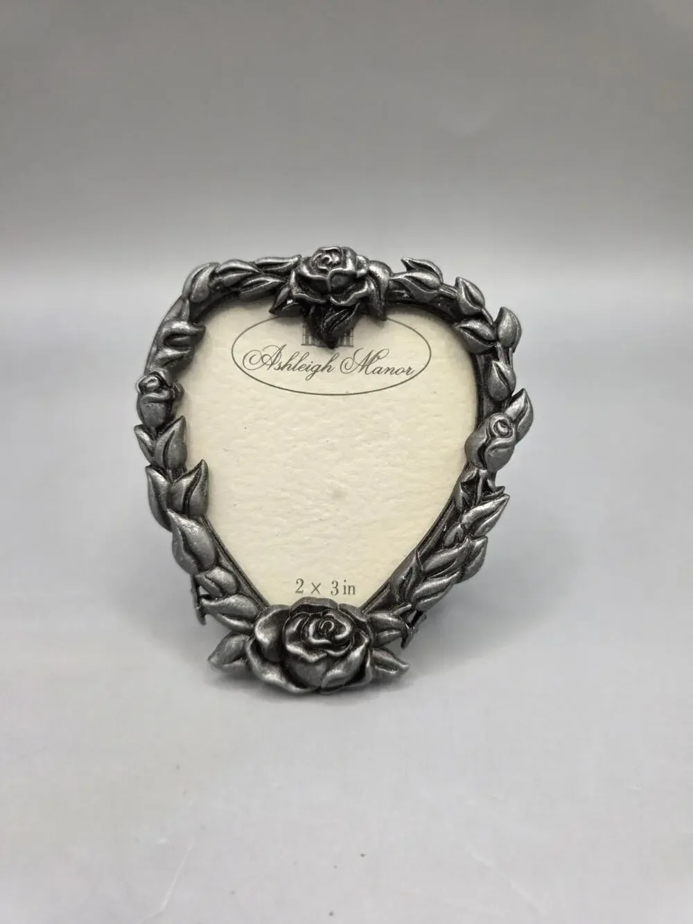 Vintage Ashleigh Manor Pewter Heart Rose Miniature Picture Frame 2x3